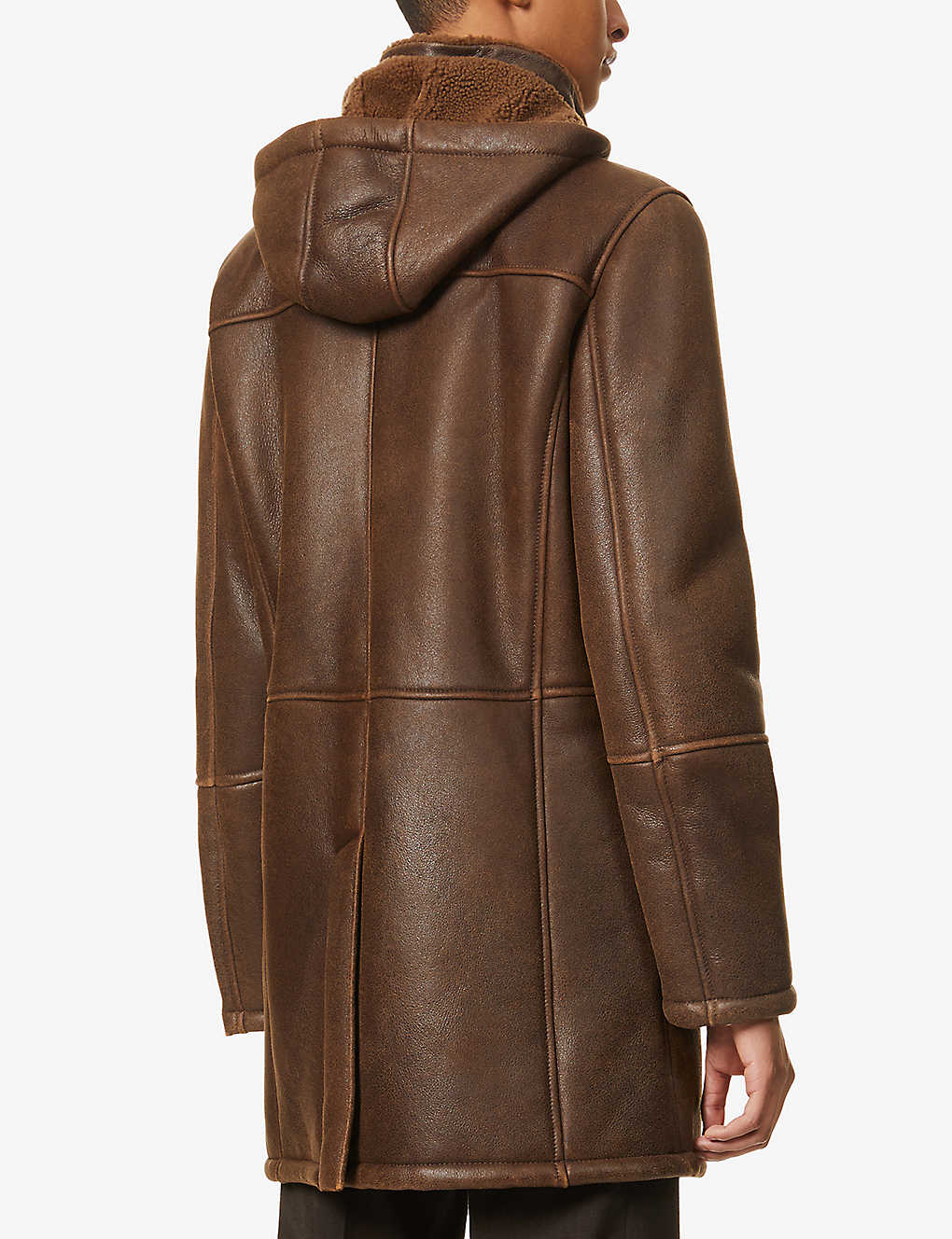 Men's Removable Hooded Brown Leather Shearling Trench Coat