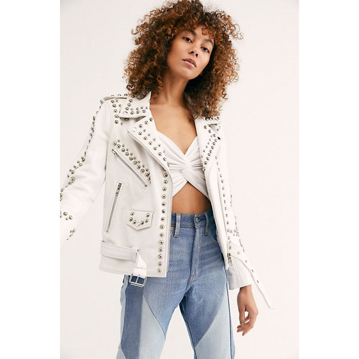 Women’s White Leather Biker Punk Jacket