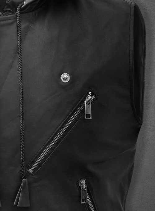 Men’s Black Leather Biker Hooded Vest