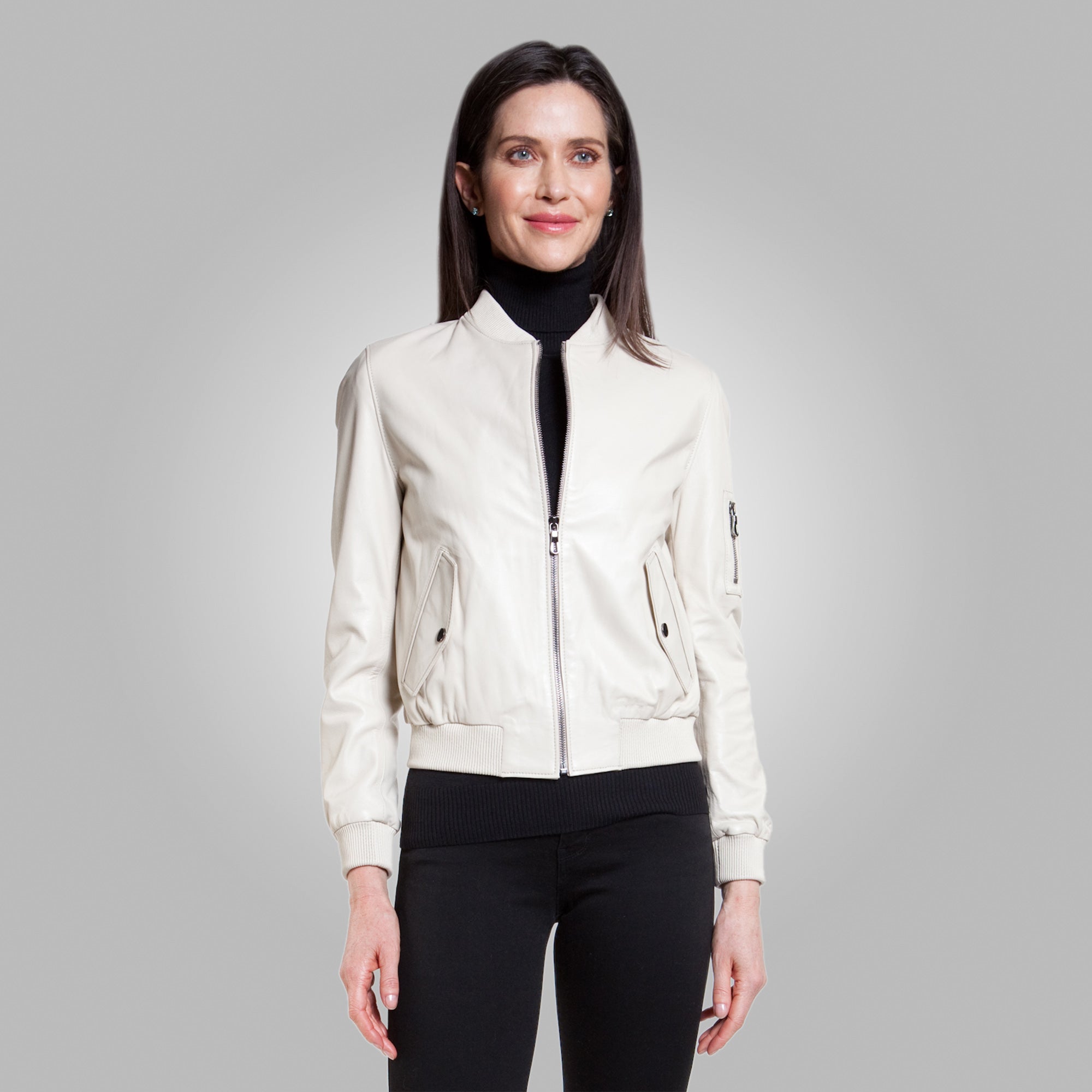 Women’s White Leather Bomber Jacket