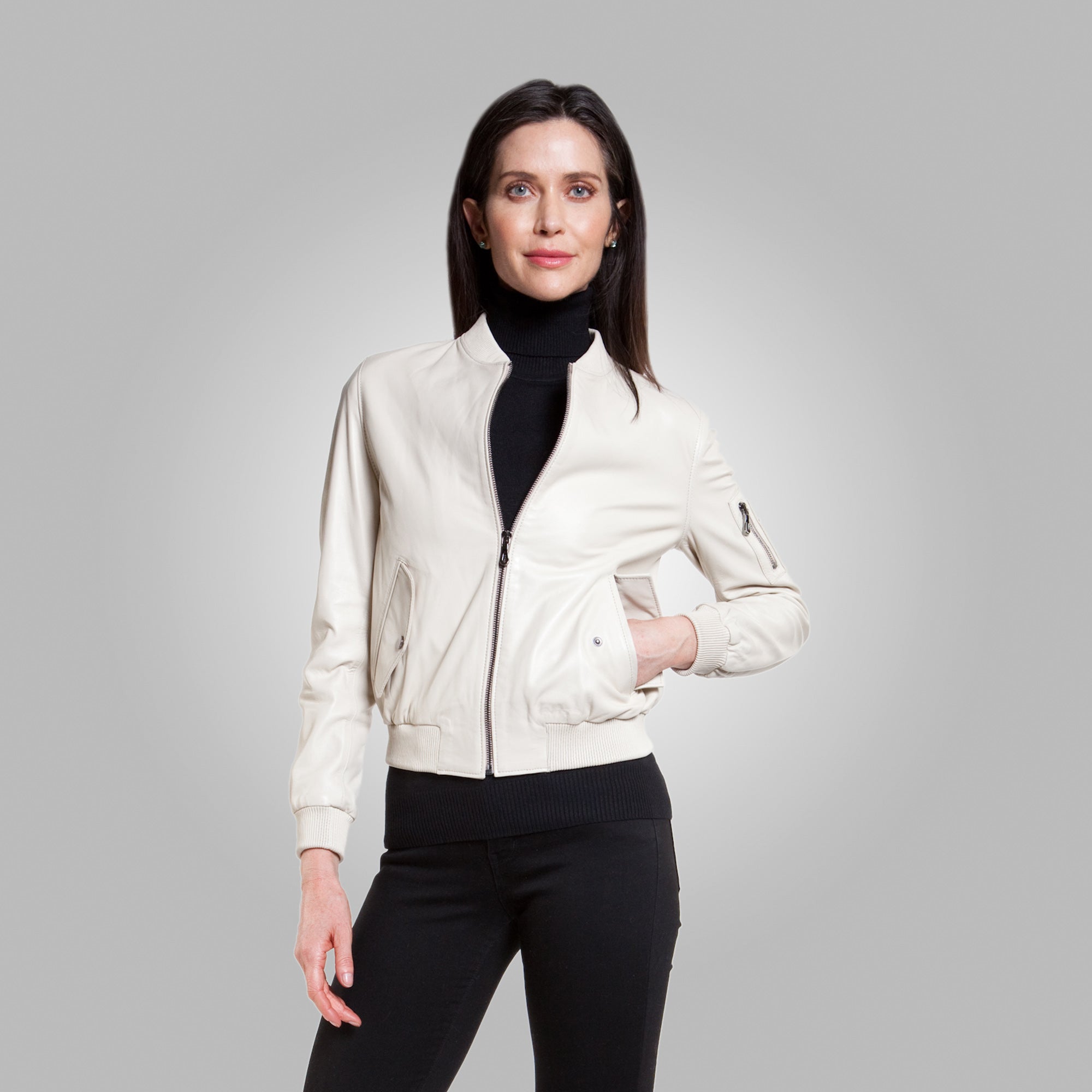 Women’s White Leather Bomber Jacket