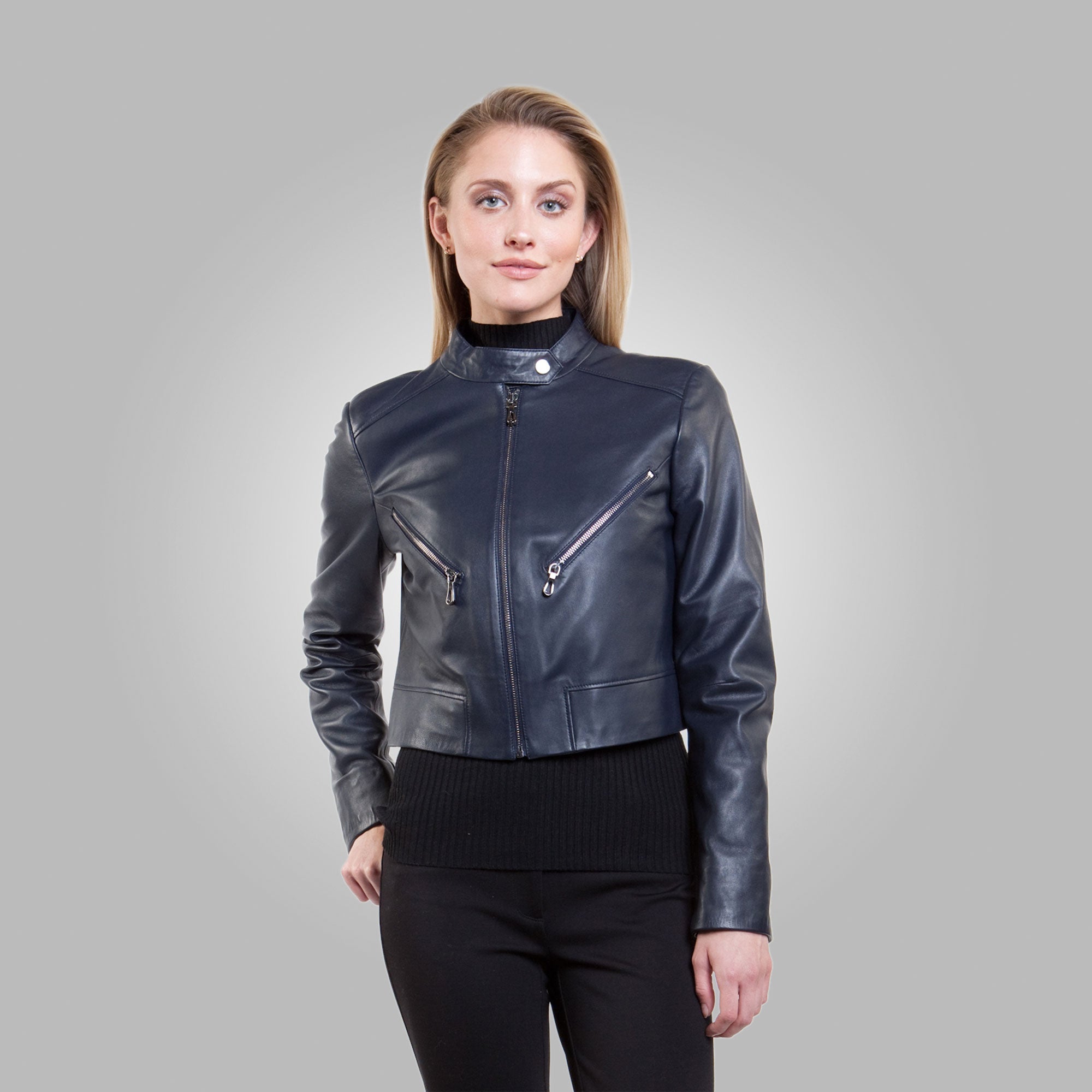 Women's Blue Leather Short Fit Jacket