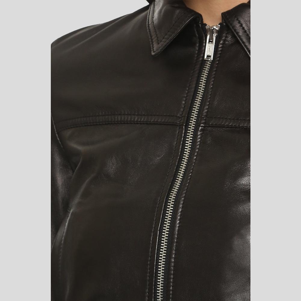 Halle Black Bomber Leather Jacket