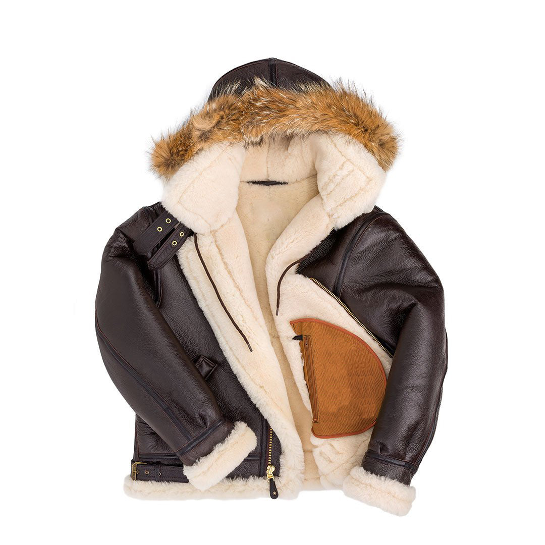 Men's Shearling B3 Fur Hoodie Style Bomber Coat