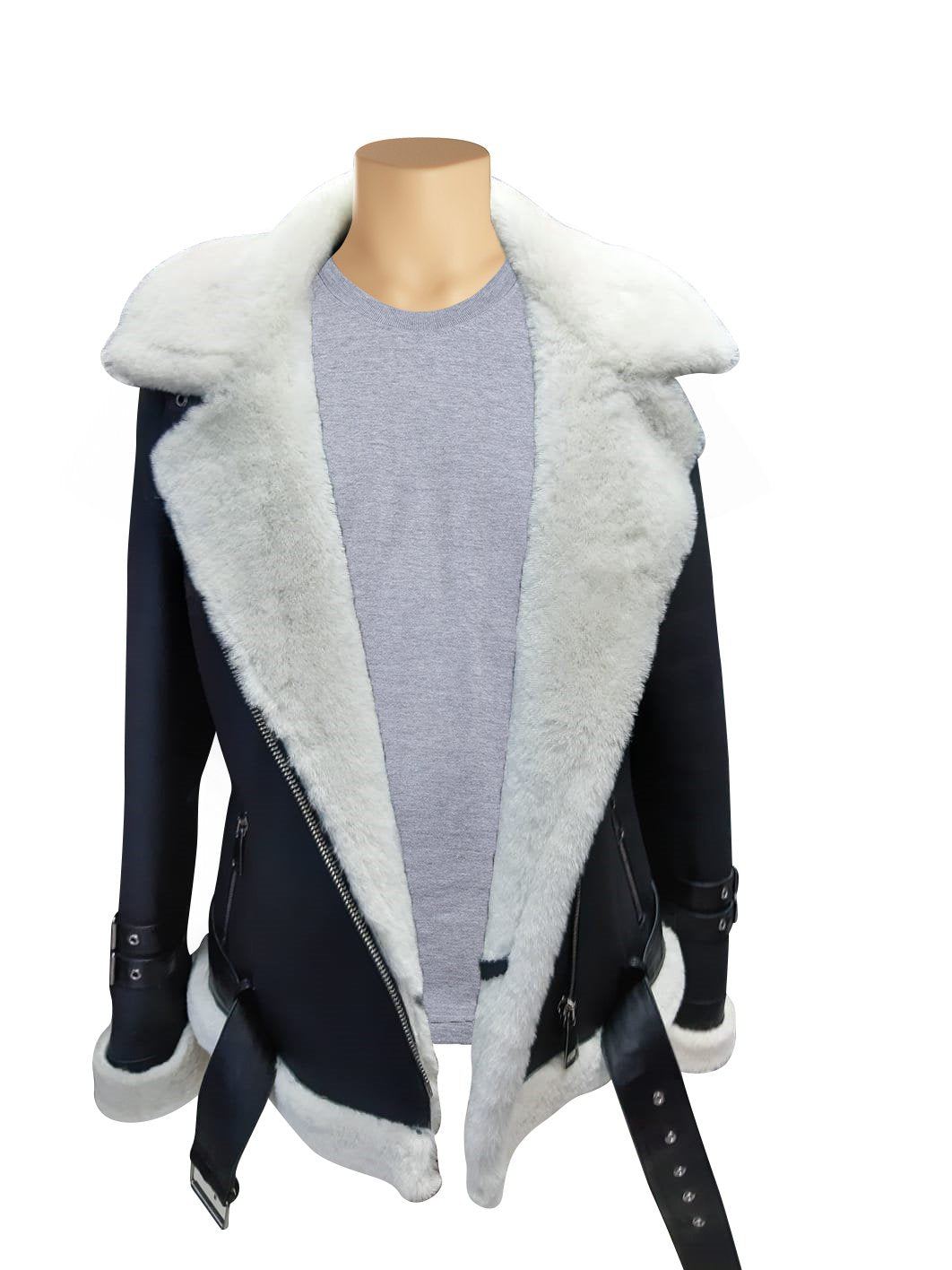 Jayne's Sheepskin Black and White Biker Shearling Jacket