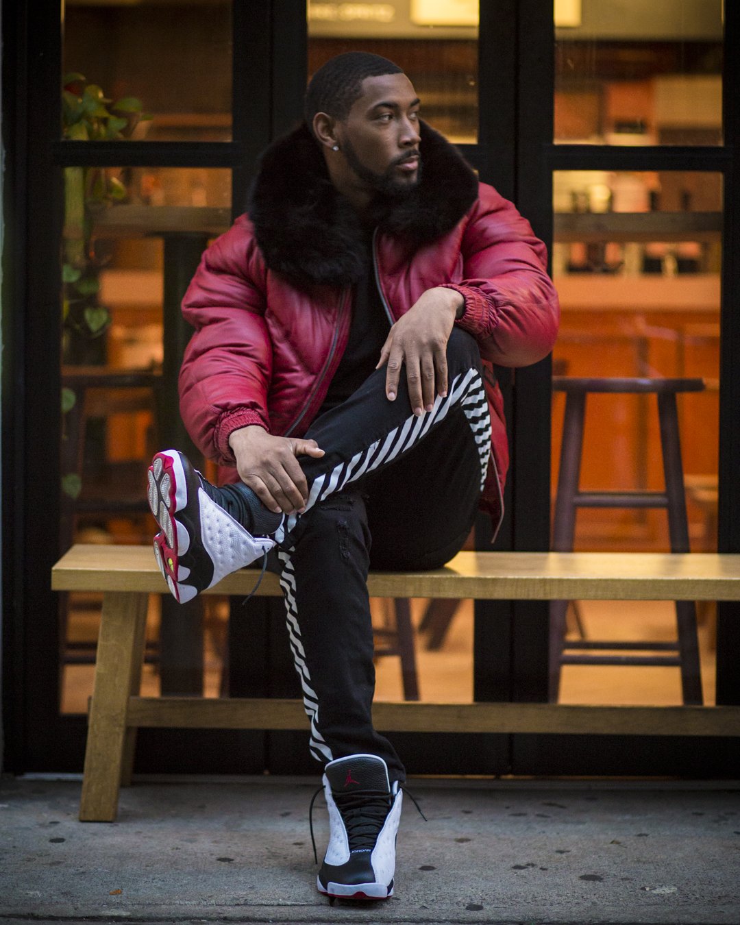 Stylish Red V Bomber Jacket with Luxurious Black Fur for Men