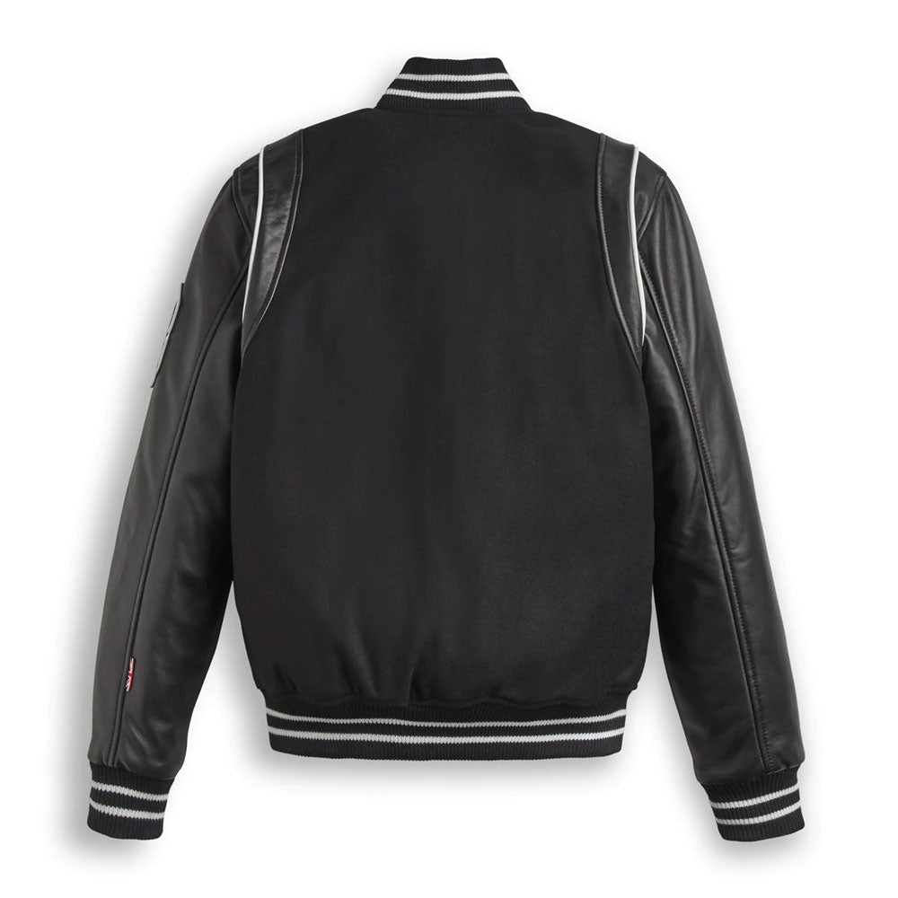 Black Varsity Bomber Leather Jacket With Stripes