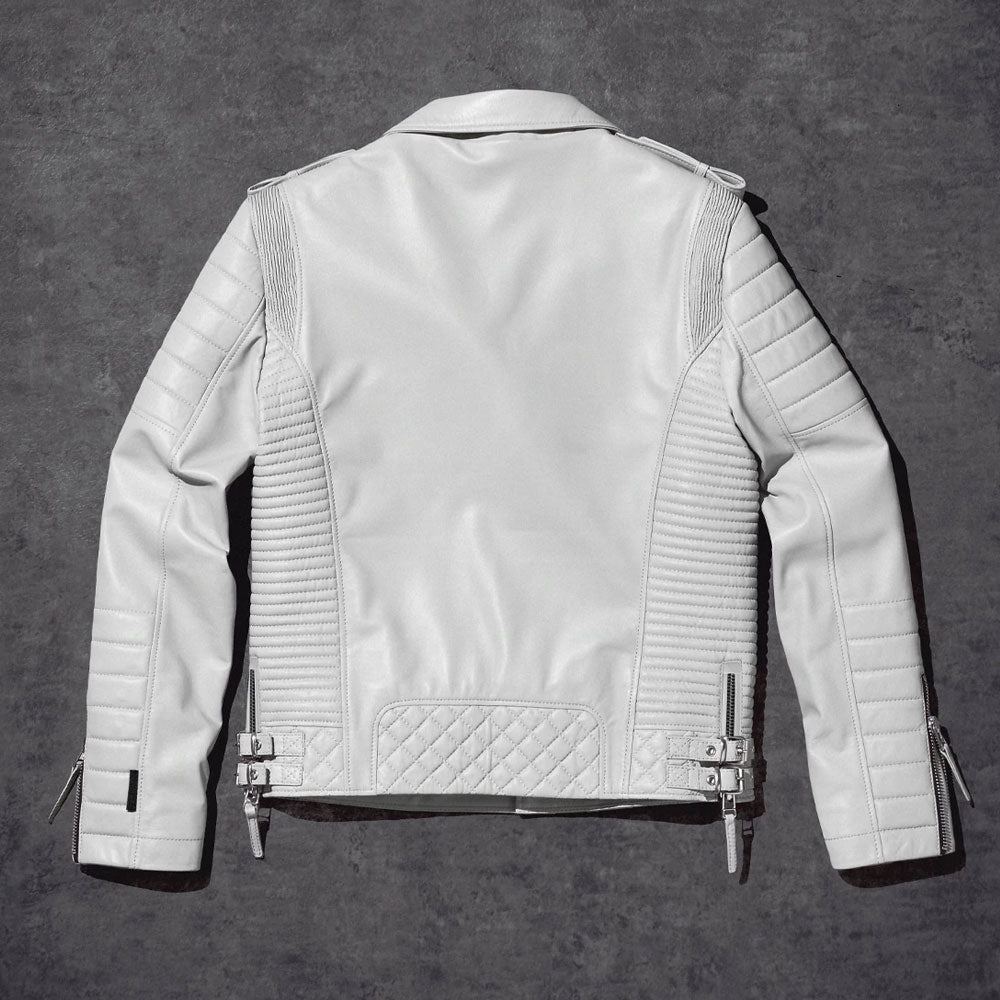 Men White Pearl Biker Leather Jacket