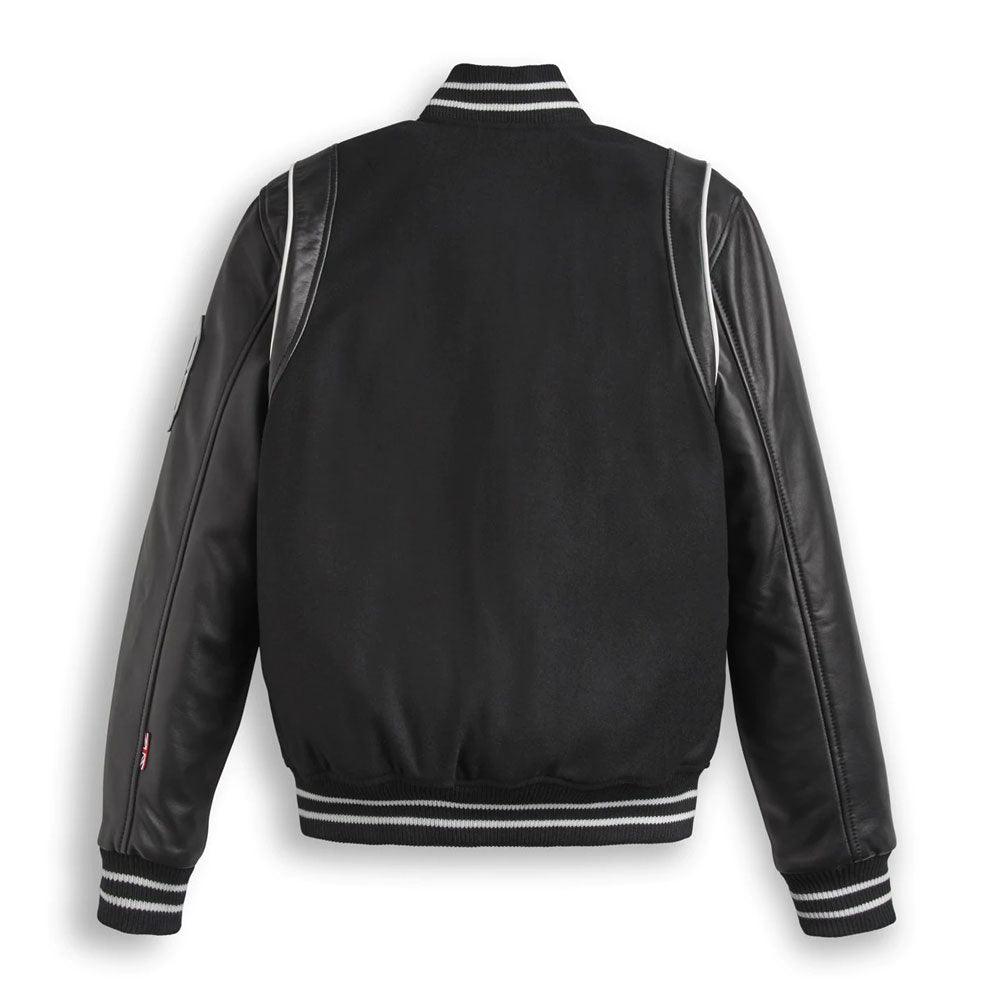 Stylish Men's Black Leather Varsity Bomber Jacket with Striped Accents