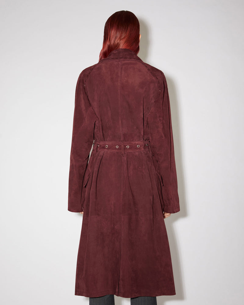 Maroon Suede Leather Long Duster Trench Coat