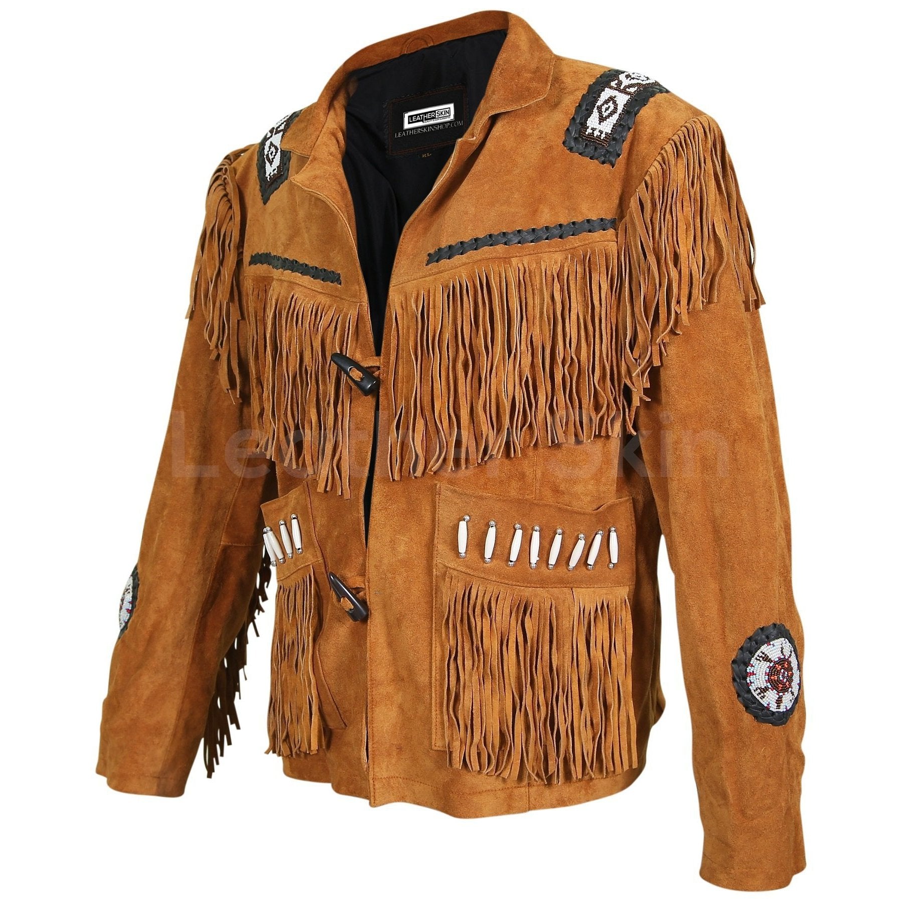 Men Brown Western Fringes with white beads decoration