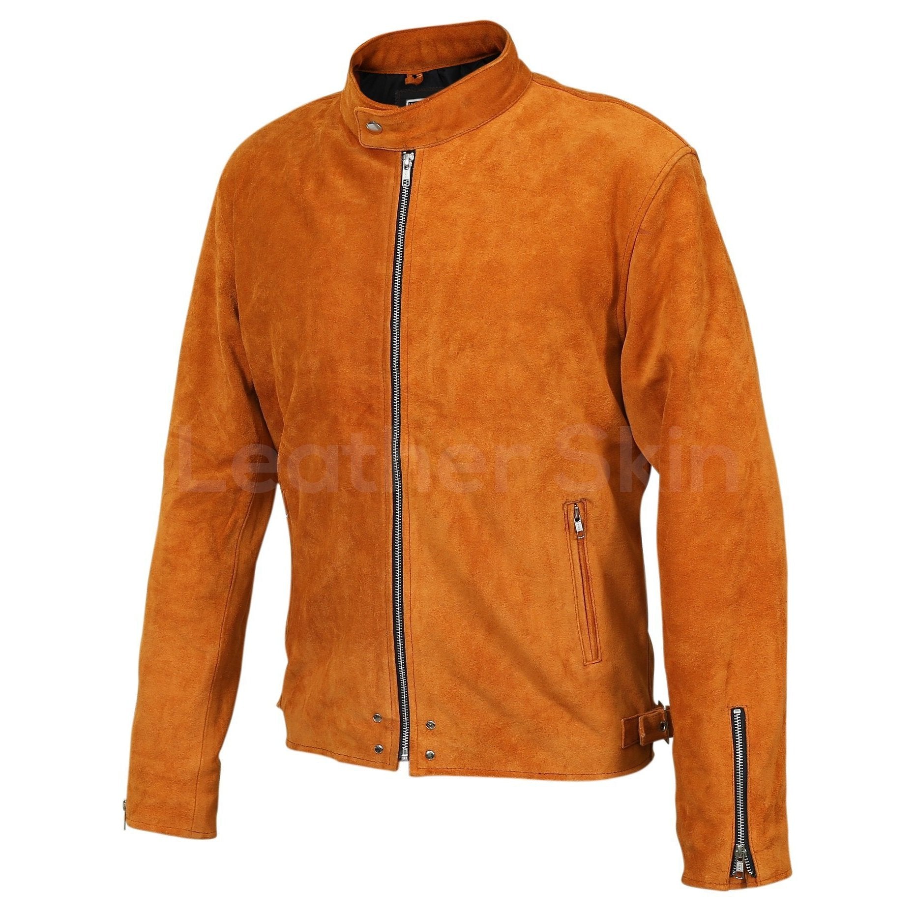 Men Tan Suede Leather Jacket with silver zippers