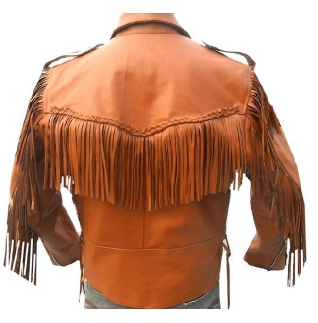 Men Tan Western Style Leather Jacket ,Cowboy Cowhide Leather Fringe Jacket