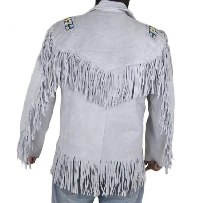 Men's Western Cowboy Real Leather Jacket, Handmade White Leather Jacket With Fringes