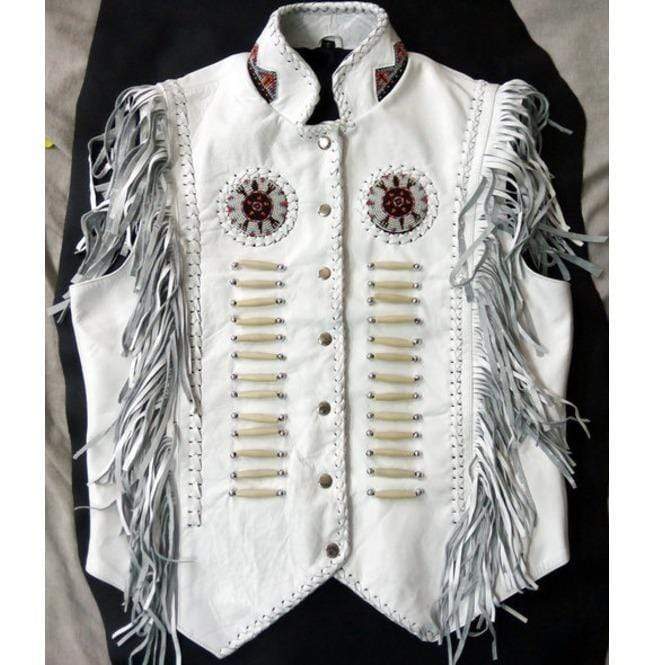 Western Leather Jacket, Handmade White Cowboy Fringe Leather Jacket