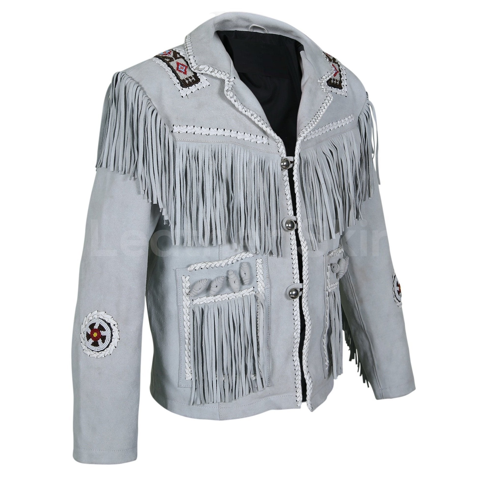 Men White Western Style Fringes Cowboy Suede Leather Jacket