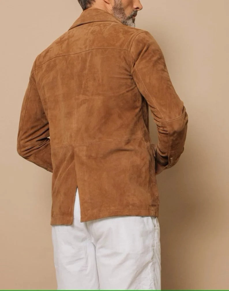 Men Brown Genuine Suede Leather Trucker Jacket