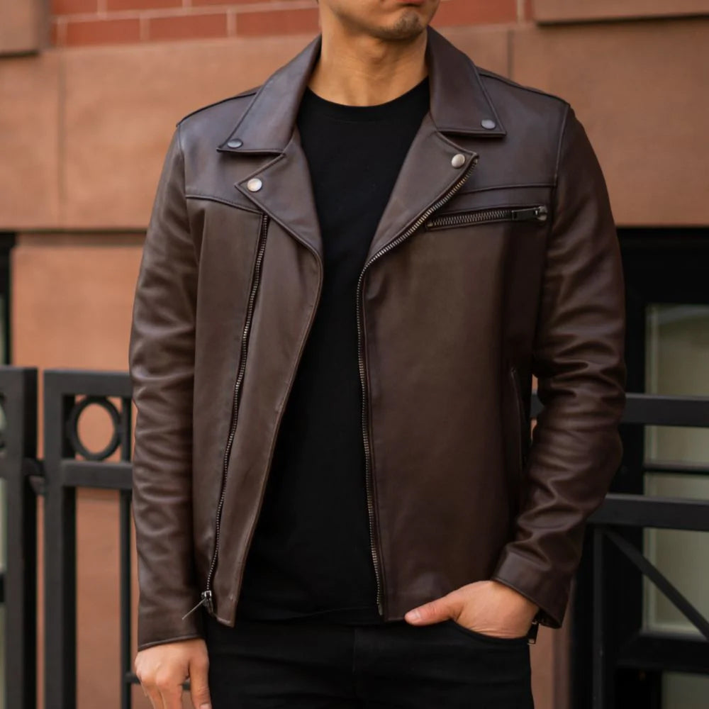 Men Brown Motorcycle Leather Racer Jacket