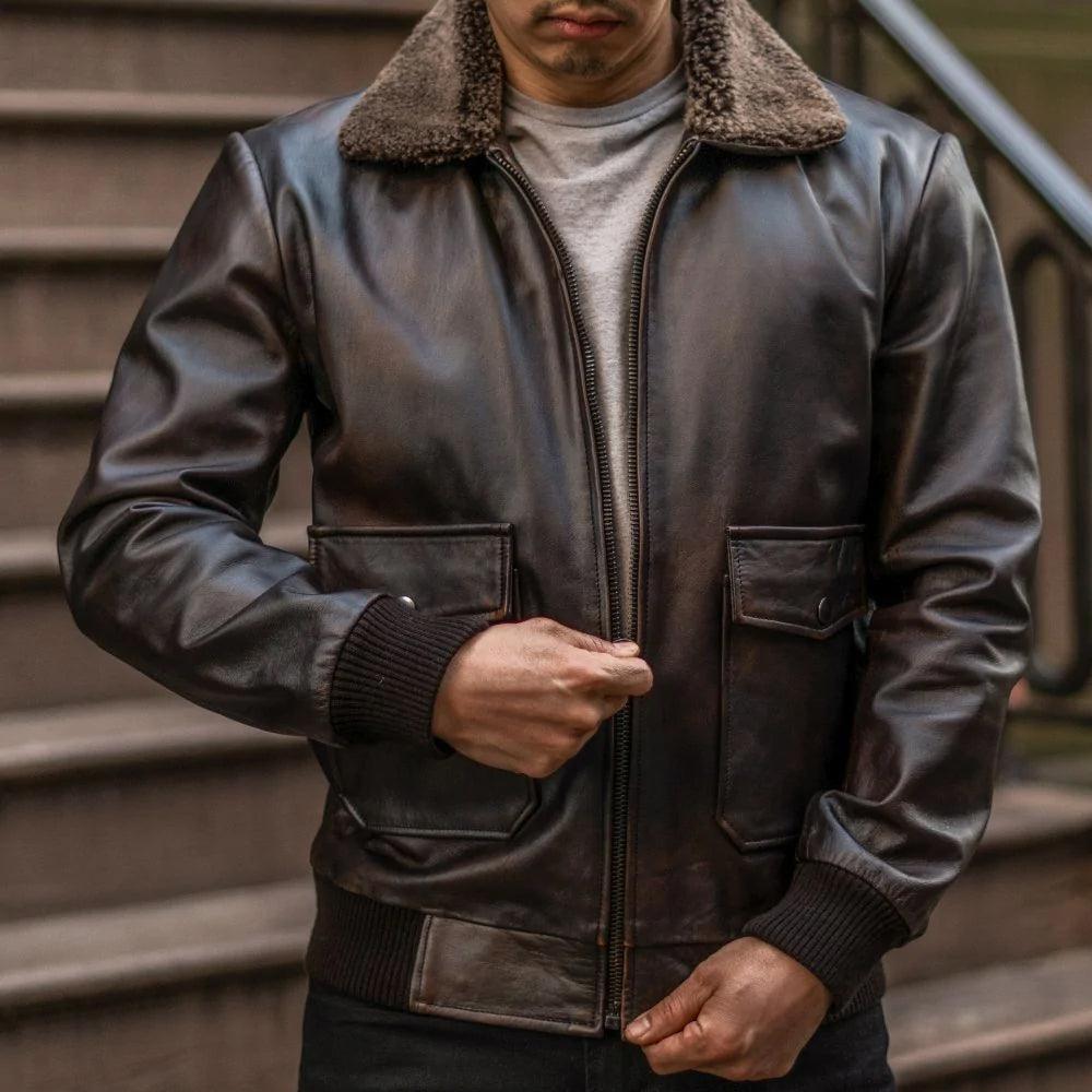 Men's Classic Brown Leather G-1 Flight Bomber Jacket – Timeless Style and Comfort