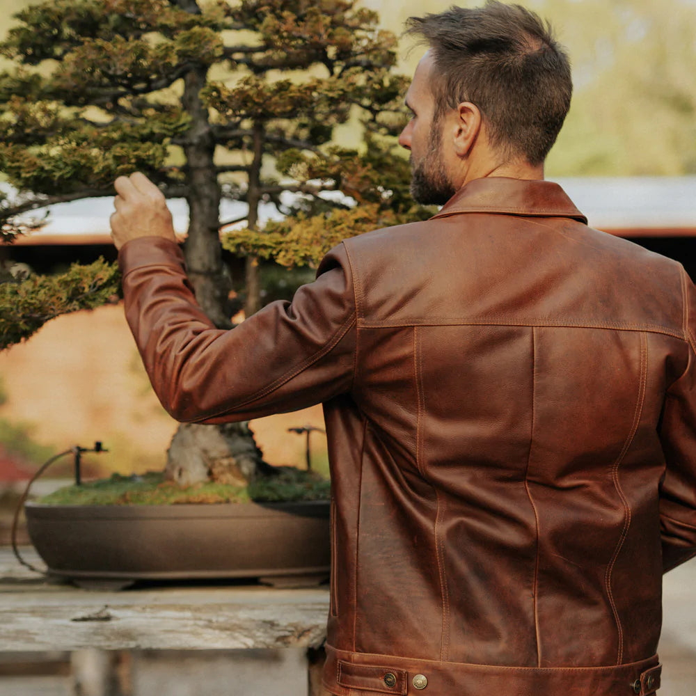 Men Goatskin Plain Brown Trucker Leather Jacket