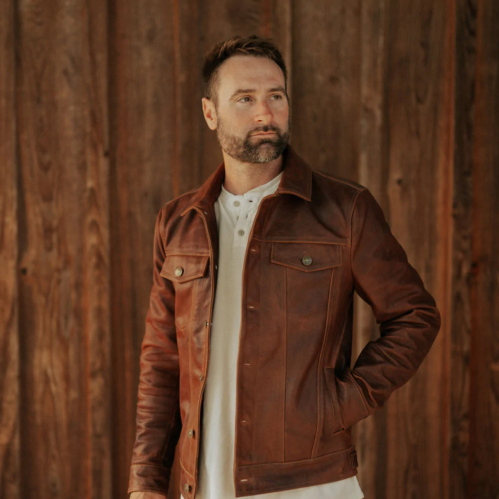 Men Goatskin Plain Brown Trucker Leather Jacket