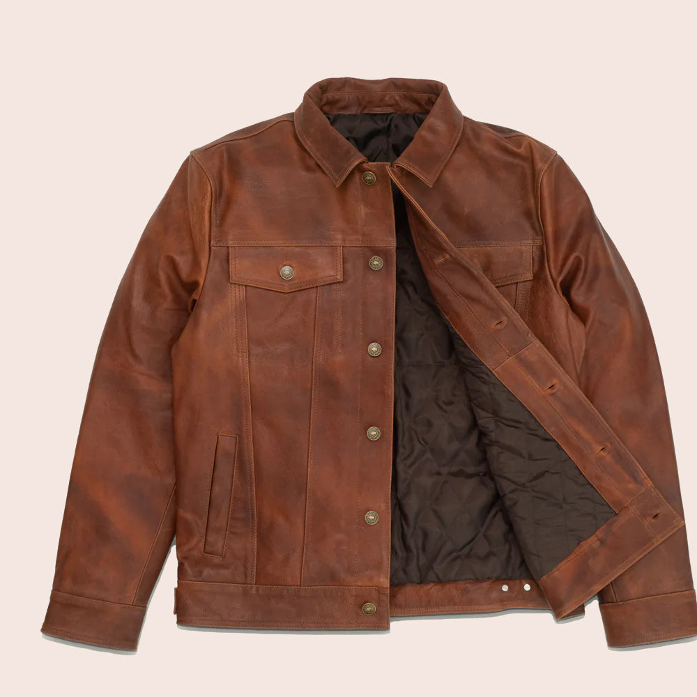 Men Goatskin Plain Brown Trucker Leather Jacket