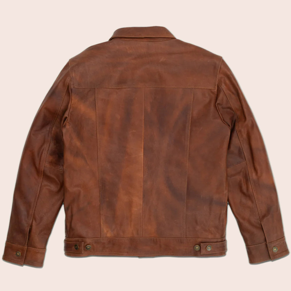 Men Goatskin Plain Brown Trucker Leather Jacket