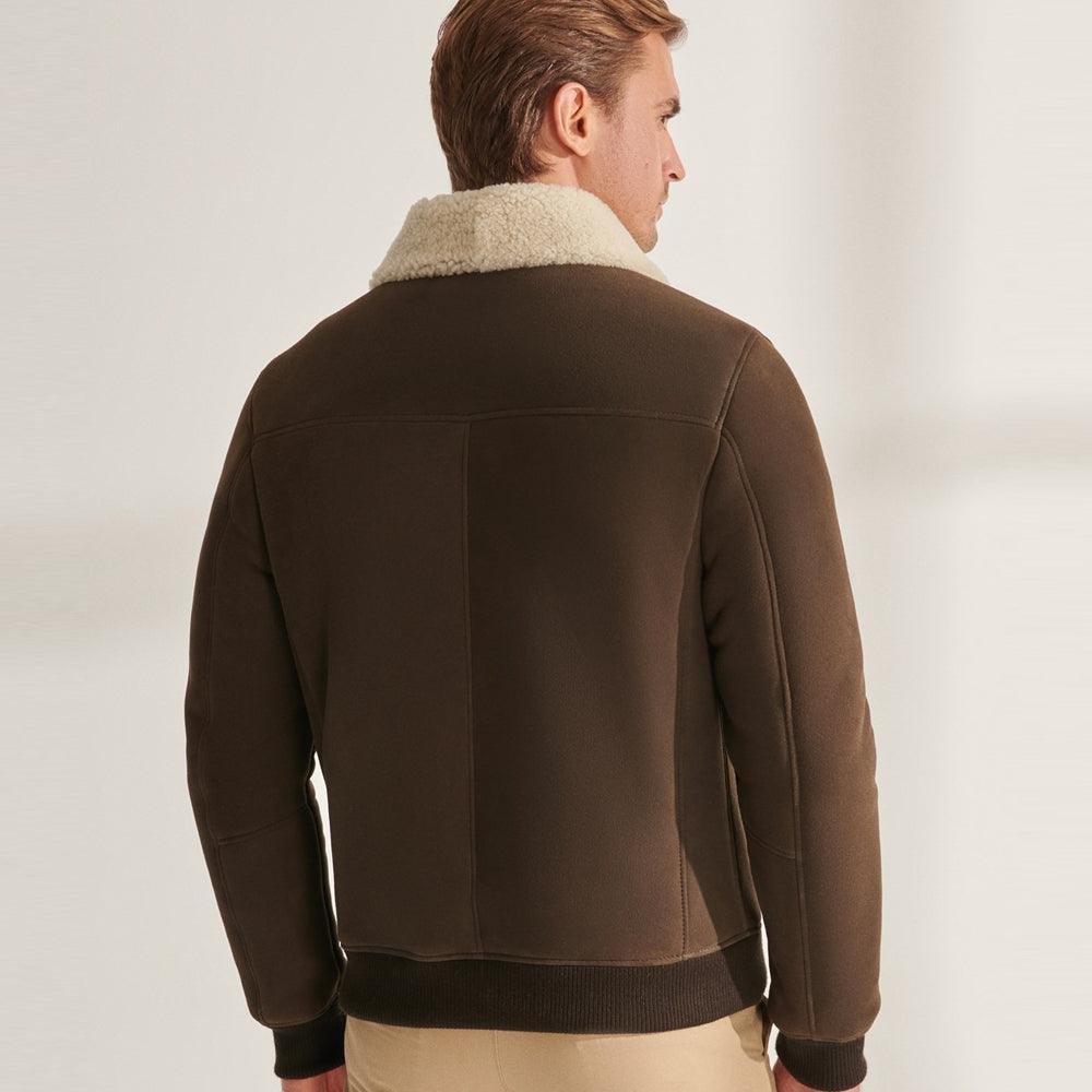 Stylish Men's Khaki Brown Shearling Leather Bomber Jacket with Cozy Sheepskin Lining