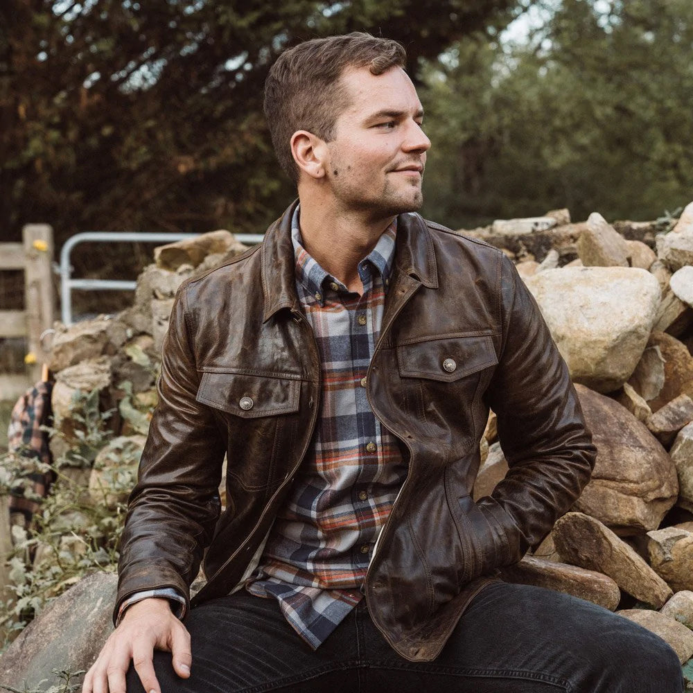 Men Lambskin Iconic Brown Trucker Leather Jacket