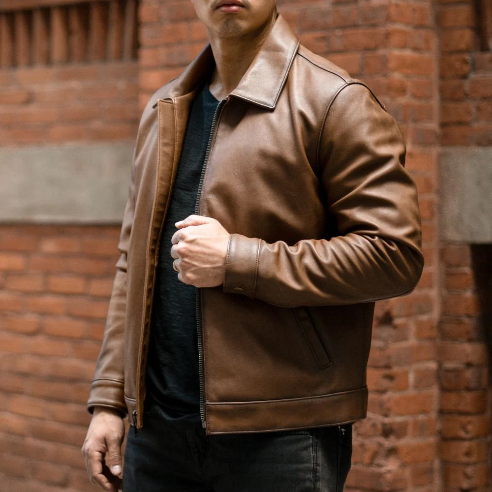 Men Point Collar Classic Brown Leather Jacket