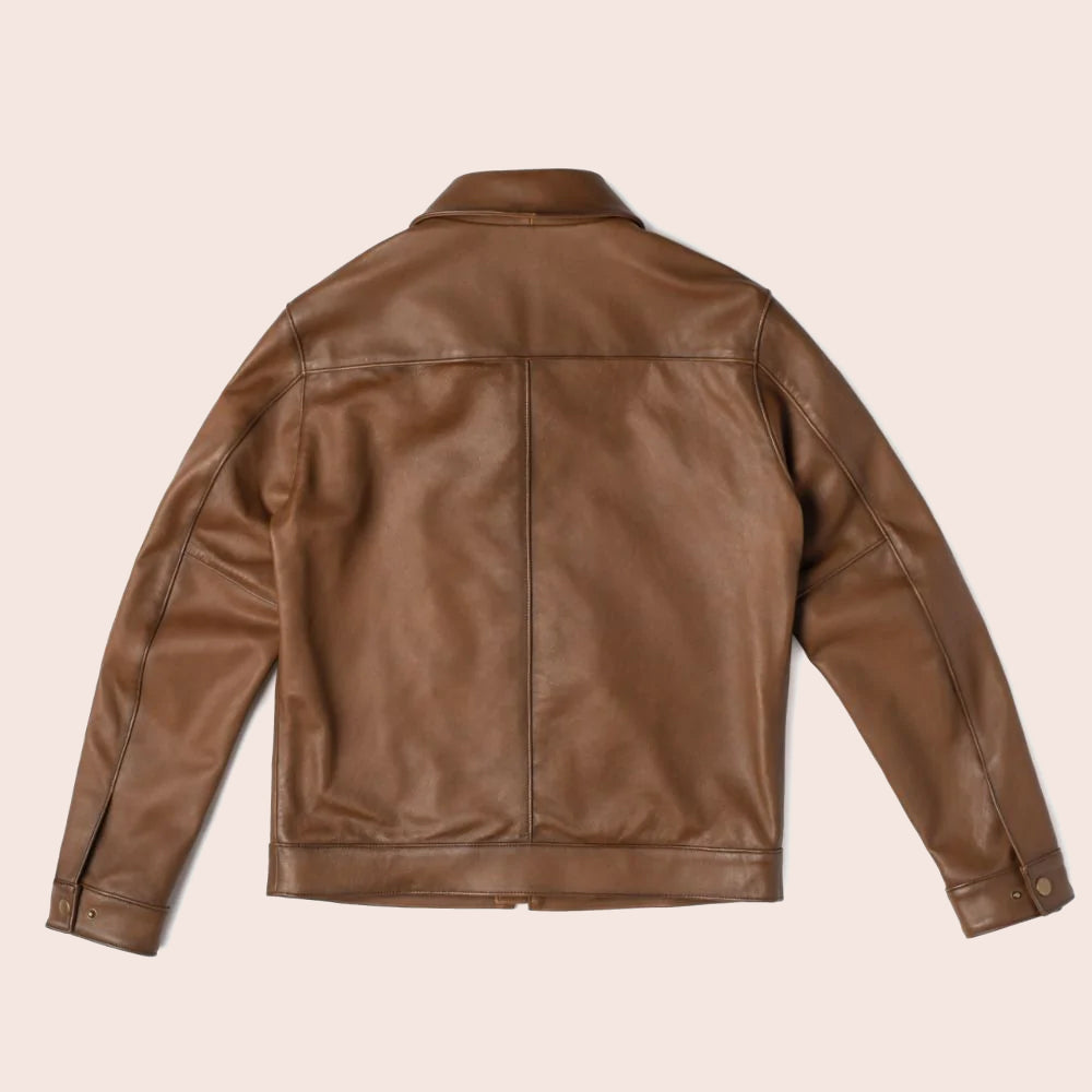 Men Point Collar Classic Brown Leather Jacket