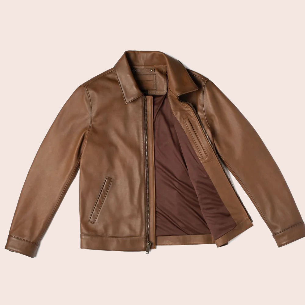 Men Point Collar Classic Brown Leather Jacket