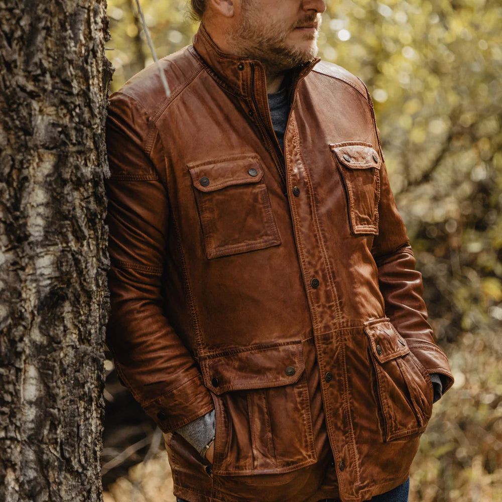 Men Pure Fine Grain Lambskin Brown Leather Field Jacket