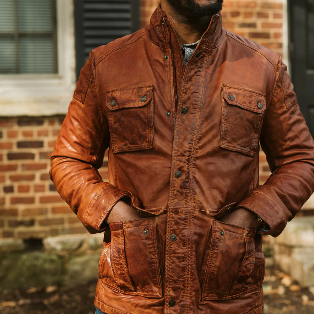 Men Pure Fine Grain Lambskin Brown Leather Field Jacket