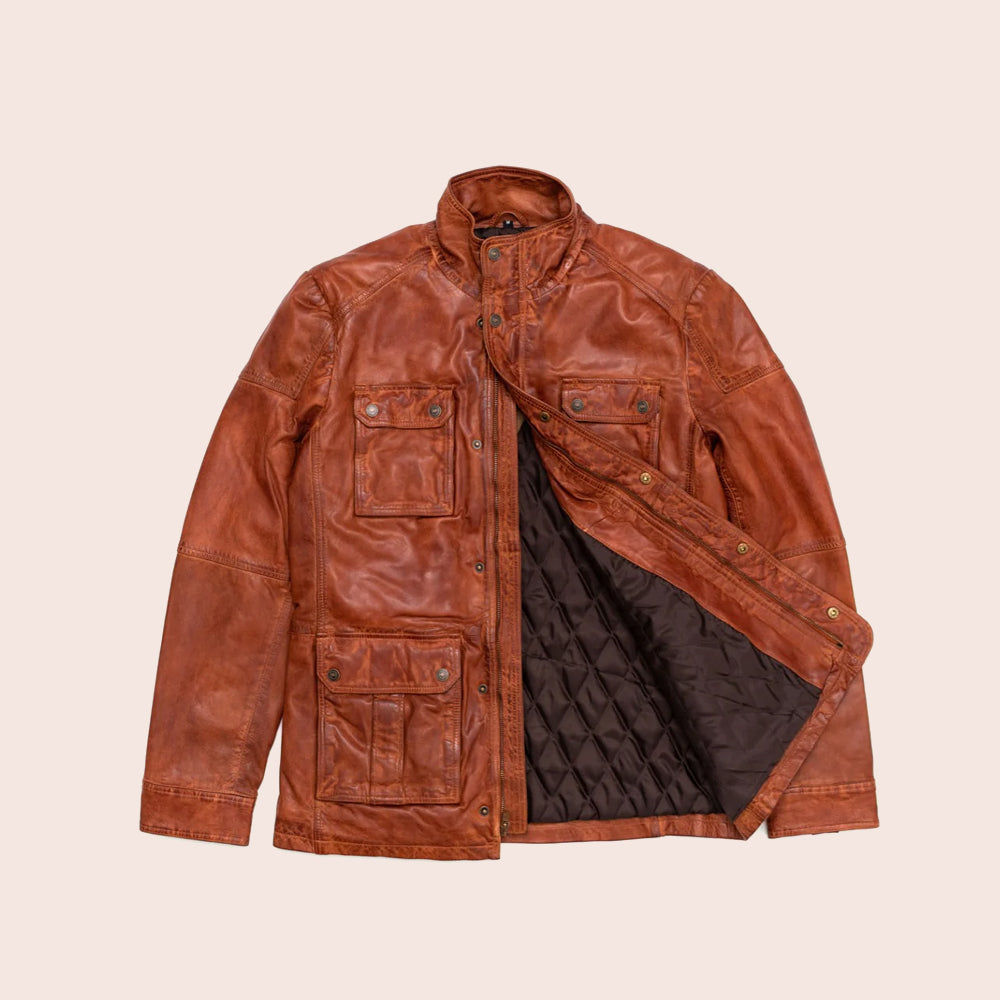 Men Pure Fine Grain Lambskin Brown Leather Field Jacket