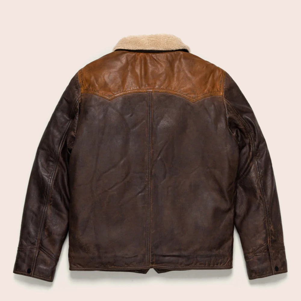 Men Sheepskin Double Tone Brown Sherpa Western Leather Jacket