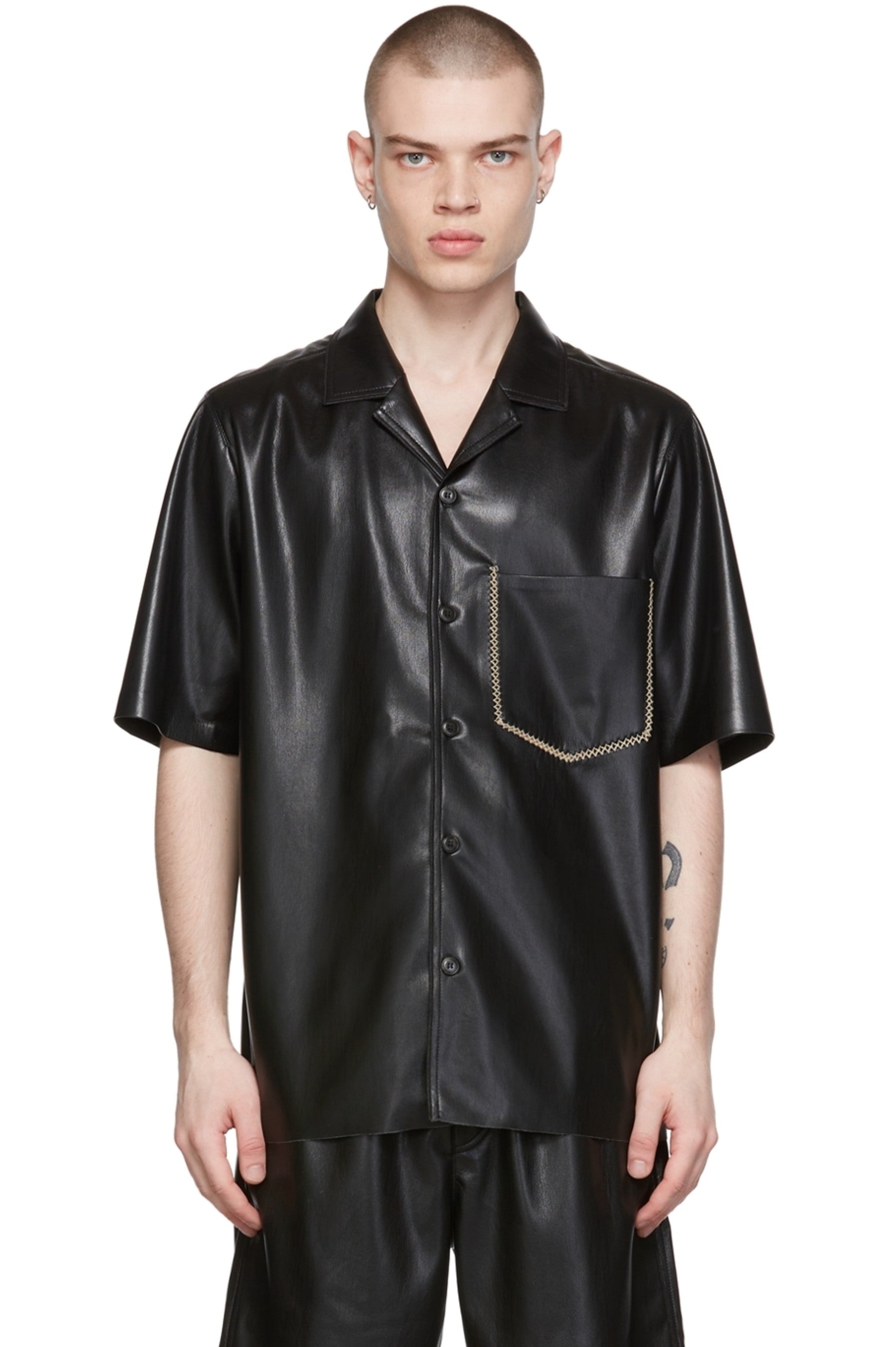 Men’s Black Leather Half Sleeves Shirt Lace Pocket