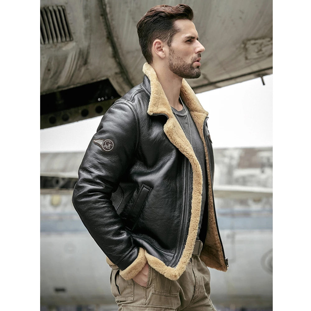 Men's Black RAF Aviator Airforce Sheepskin Shearling Leather Jacket