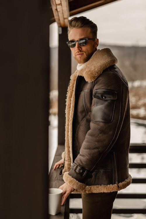 Men's Genuine Brown B3 Aviator Shearling Leather Long Coat with Belt