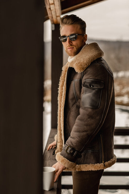 Men's Brown B3 Flying Aviator Shearling Leather Long Jacket Coat