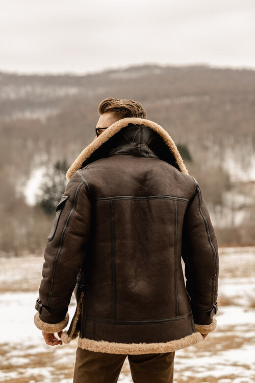 Men's Brown B3 Flying Aviator Shearling Leather Long Jacket Coat