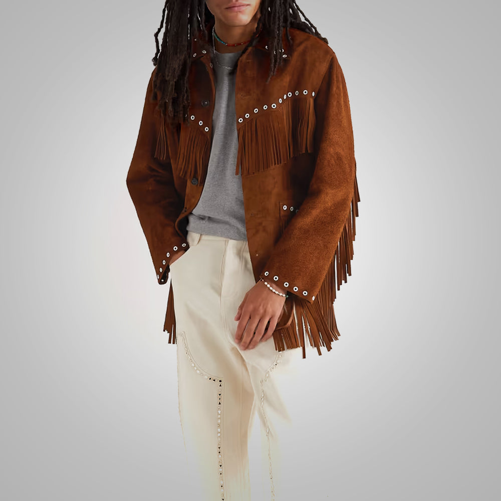 Men's Brown Suede Leather Cowboy Jacket with Fringes