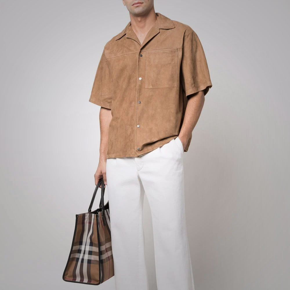 Men's Brown Suede Leather Half Sleeves Shirt