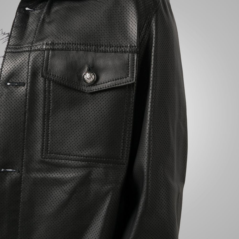 Men's Dotted Pattern Full Sleeves Black Leather Shirt