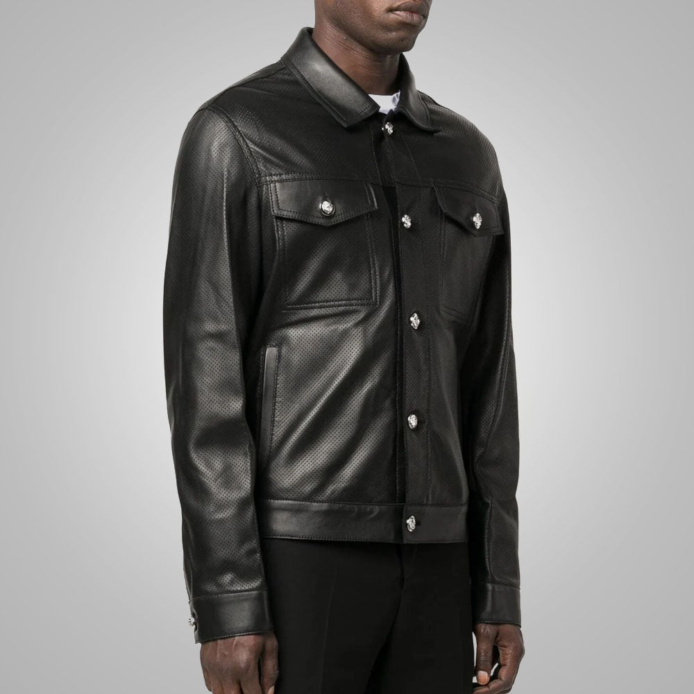 Men's Dotted Pattern Full Sleeves Black Leather Shirt