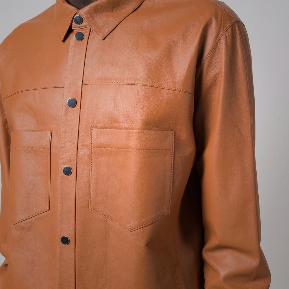 Men's Snap Button Closure Brown Leather Shirt