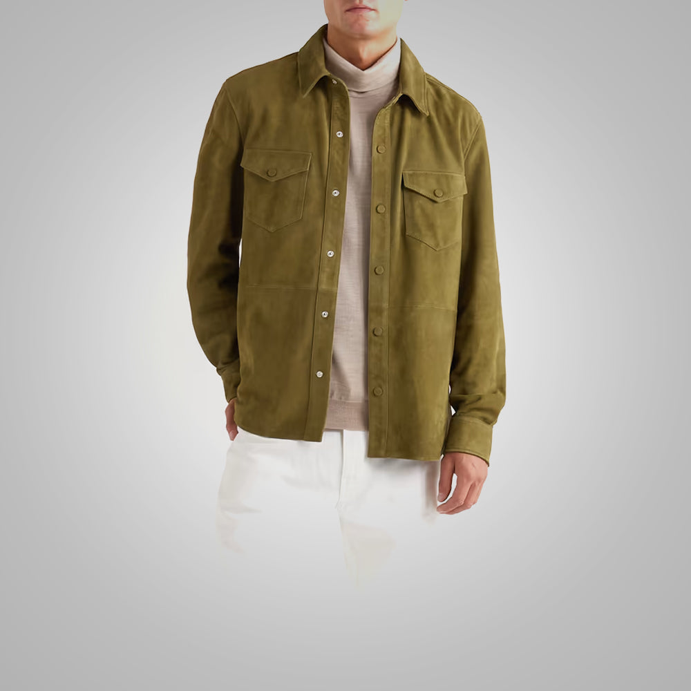 Men's Suede Green Full Sleeves Leather Shirt