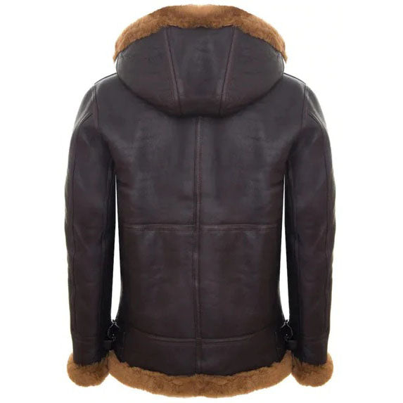 Men's Brown Shearling Sheepskin Coat with Detachable Hood