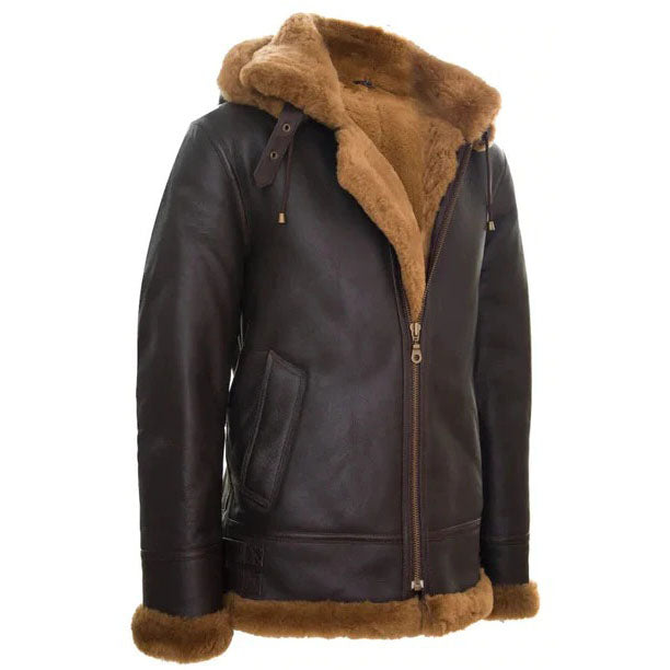 Men's Brown Shearling Sheepskin Coat with Detachable Hood