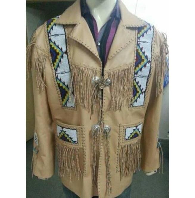 Men's Cowboy Leather Jacket Western Coat Fringes, Beige Color Cowboy Jacket For Men